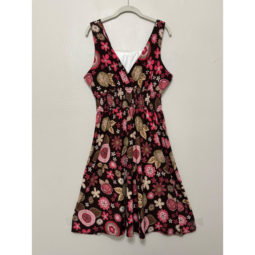 Monsherry Brown Pink Floral Smocked Waist V-Neck Midi Dress 3XL Made in USA‎